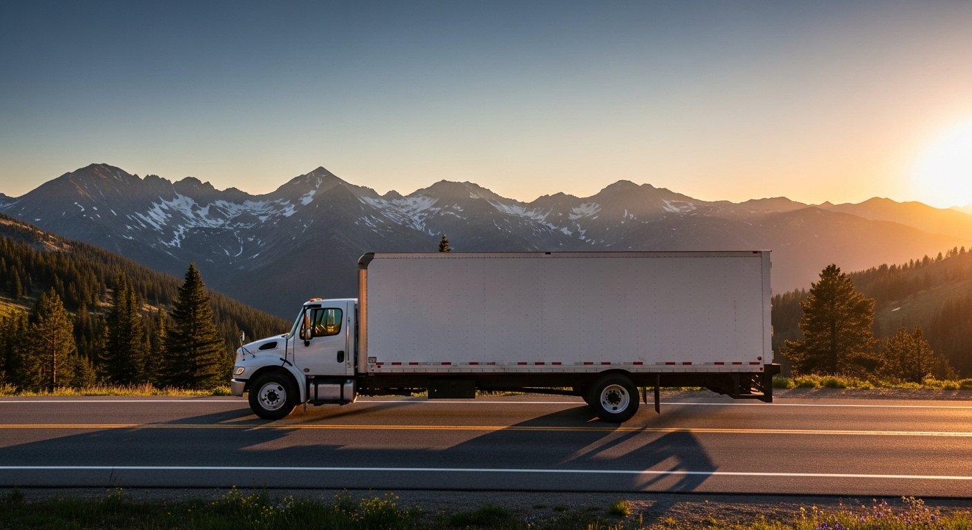 Aggie Movers truck on mountain highway at sunset