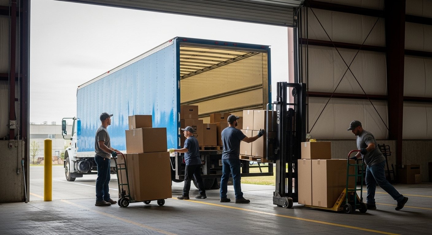 Aggie Movers truck in city at dusk